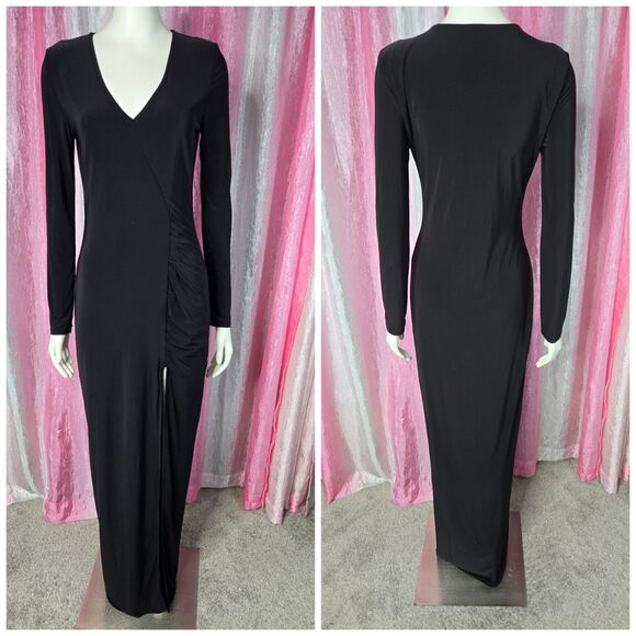 Fashion Nova Spree Black Maxi Deep Ruched V-Neck Slit Size Large - Picture 1 of 12
